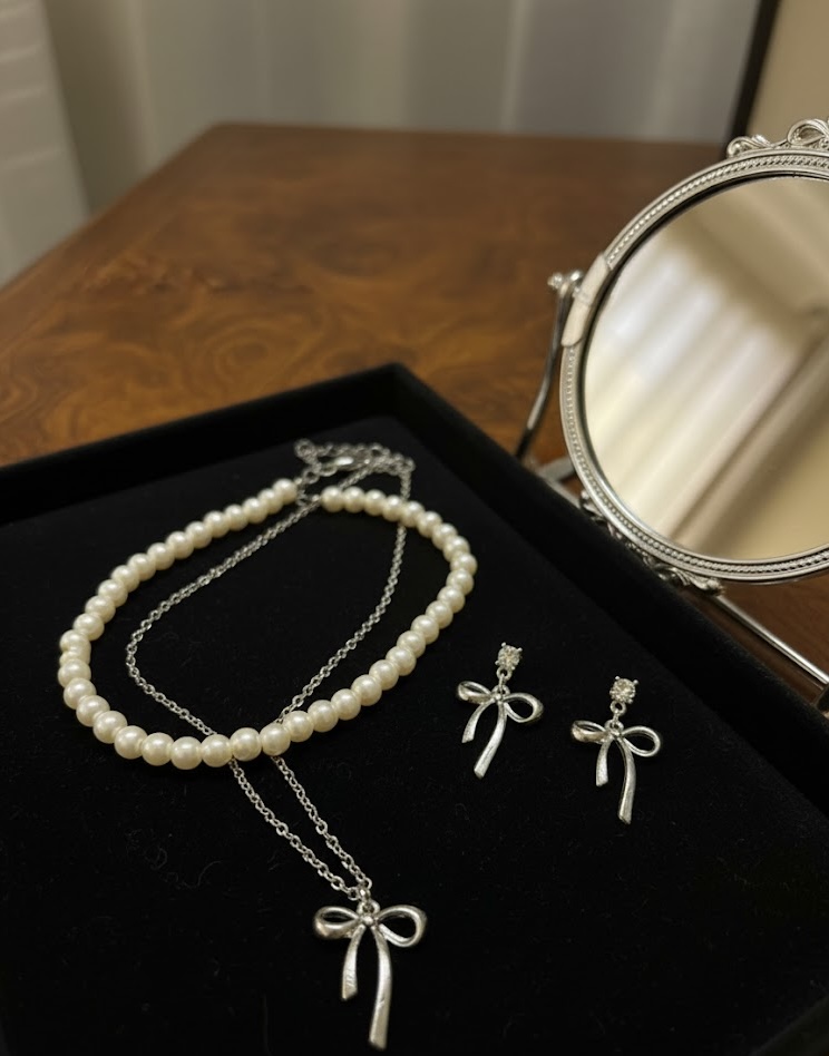 Dainty Silver Tone Bow Drop Earrings & Faux Pearl Necklace Duo