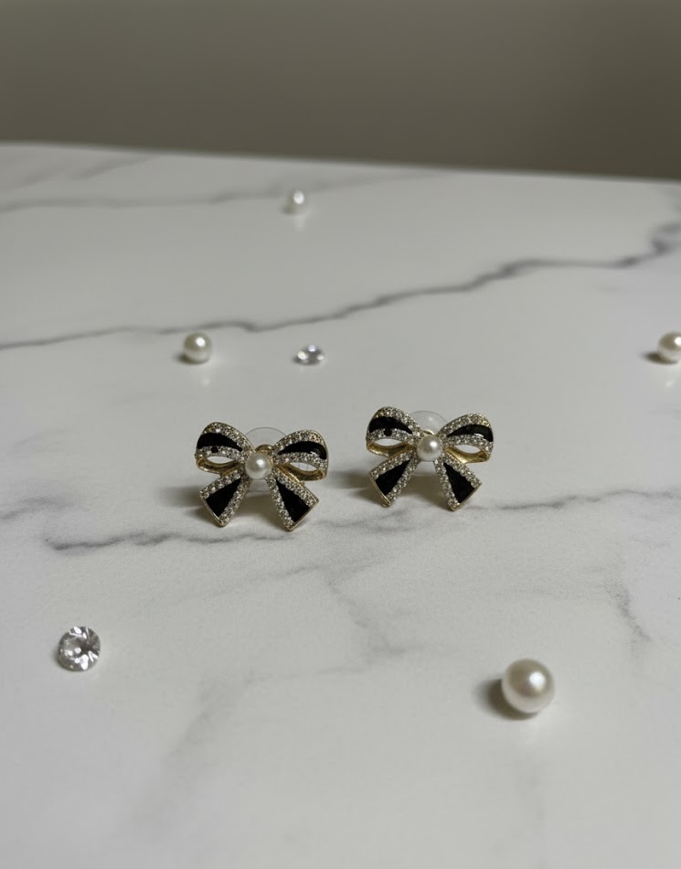 Black Bow Pearl Stud Earrings
