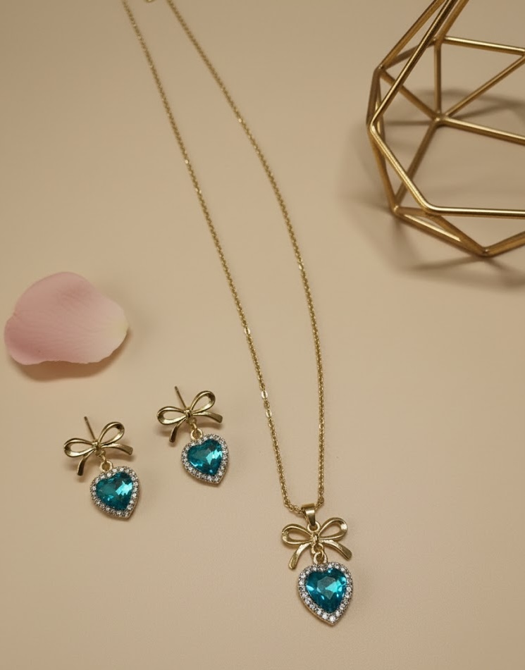 Dainty Gold Ribbon & Aqua Marine Heart Stud Earrings and Necklace Set