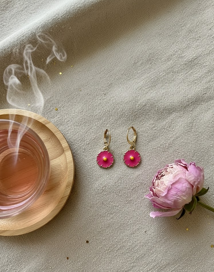 Gold-Plated Huggie Earrings with Pink Flower Charms