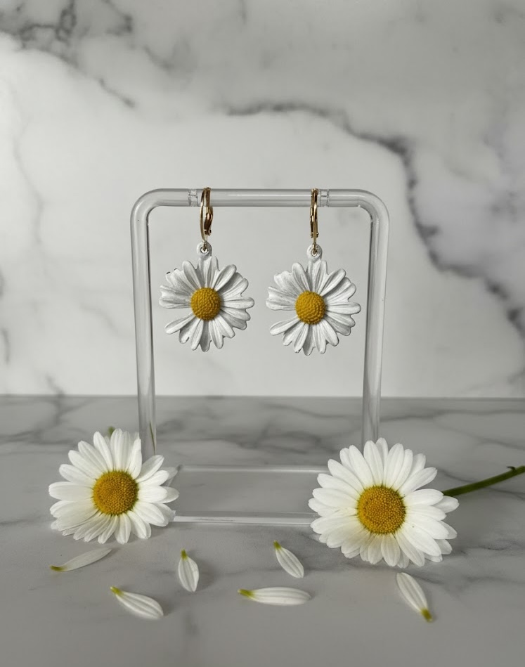 Gold-Plated Huggie Earrings with White Daisy Charms